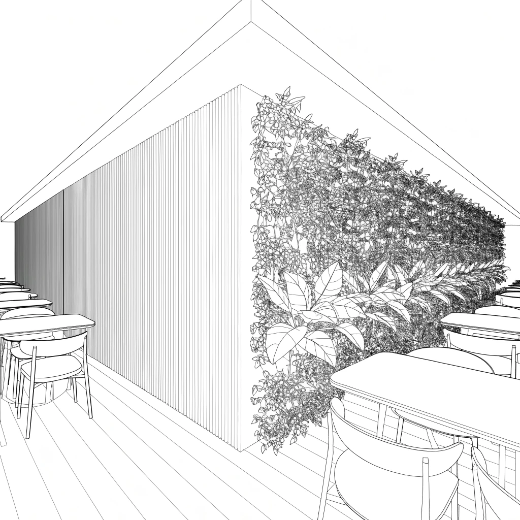 Zelená stěna v kombinaci s akustickými panely v moderní restauraci