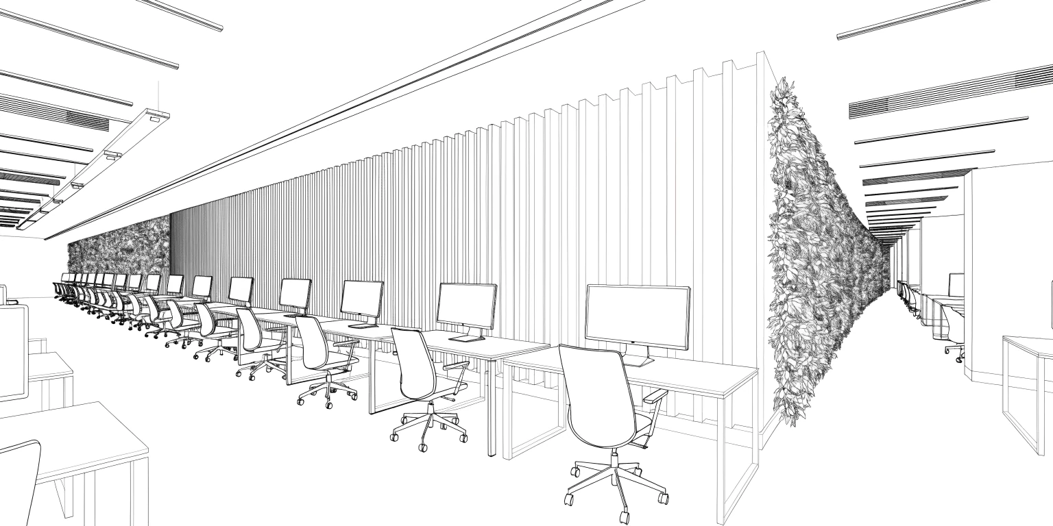 Zelená stěna a akustické panely v open-space kanceláři