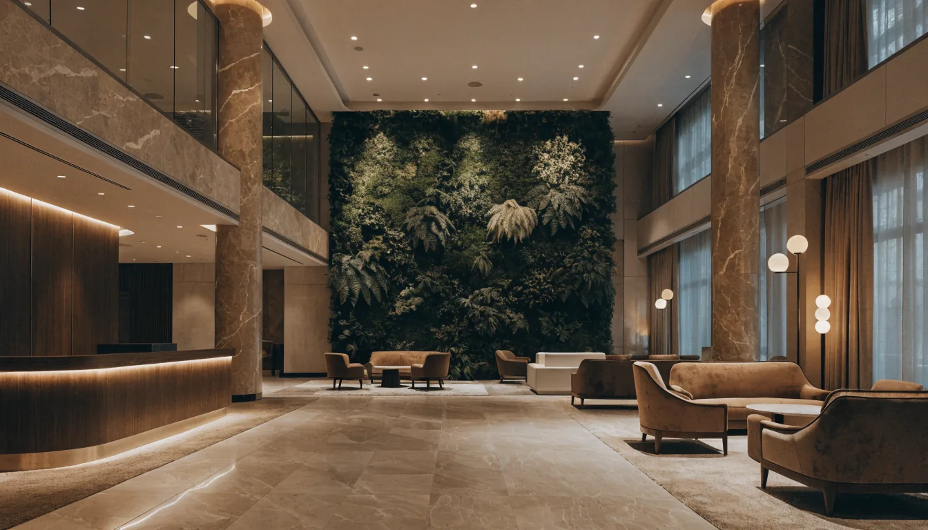 Designová zelená stěna v hotelovém lobby
